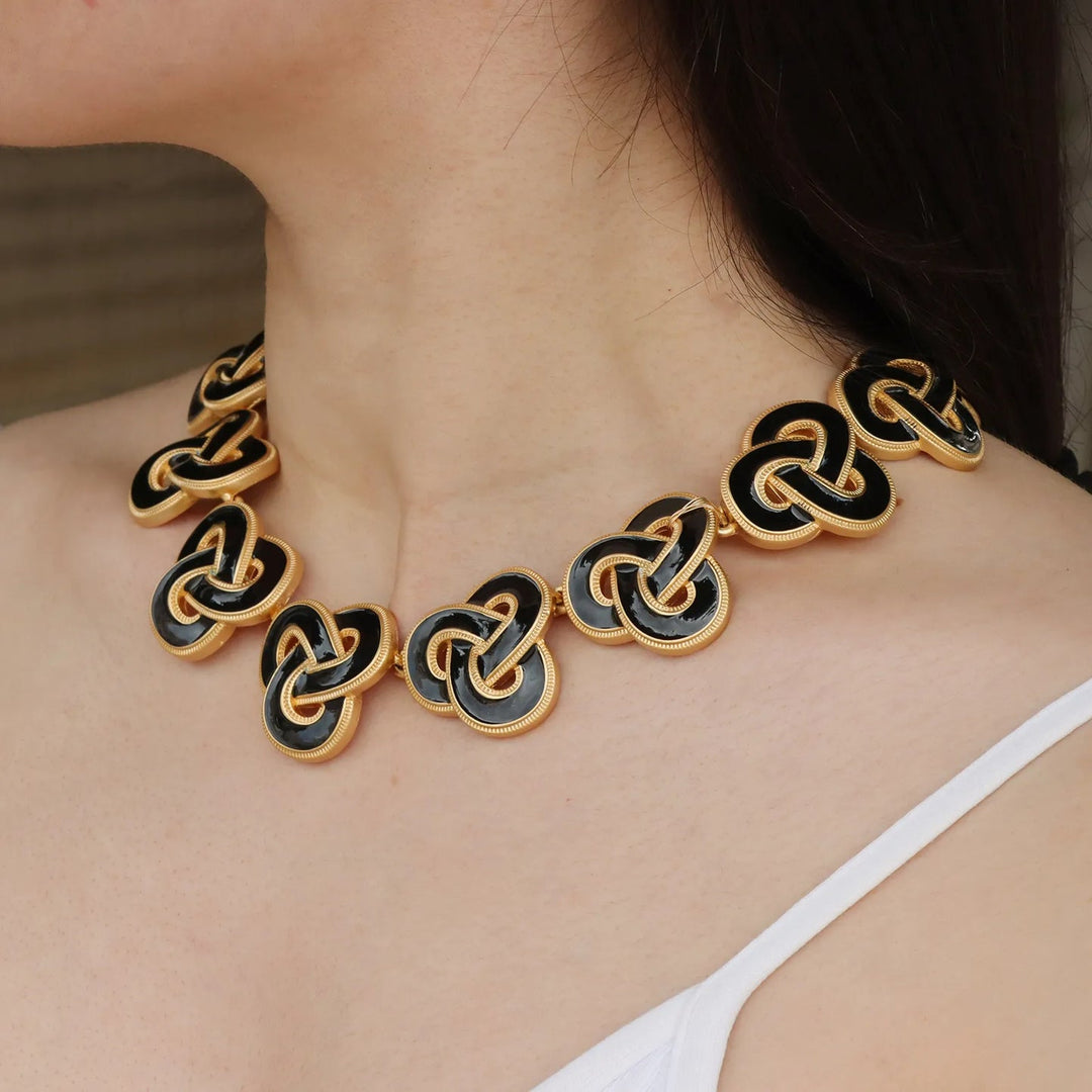 Vintage Necklace Earrings Set for Women | Gold Black Irregular Triangle Design | Soria Jewelry