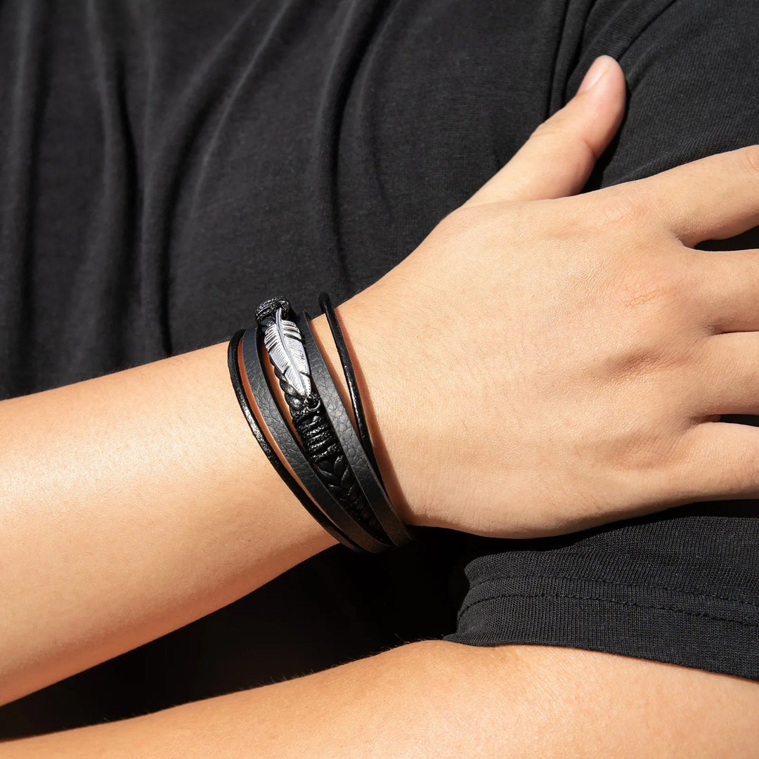 Leather Bracelet for Men | Vintage Multilayer Feather Design | Soria Jewelry