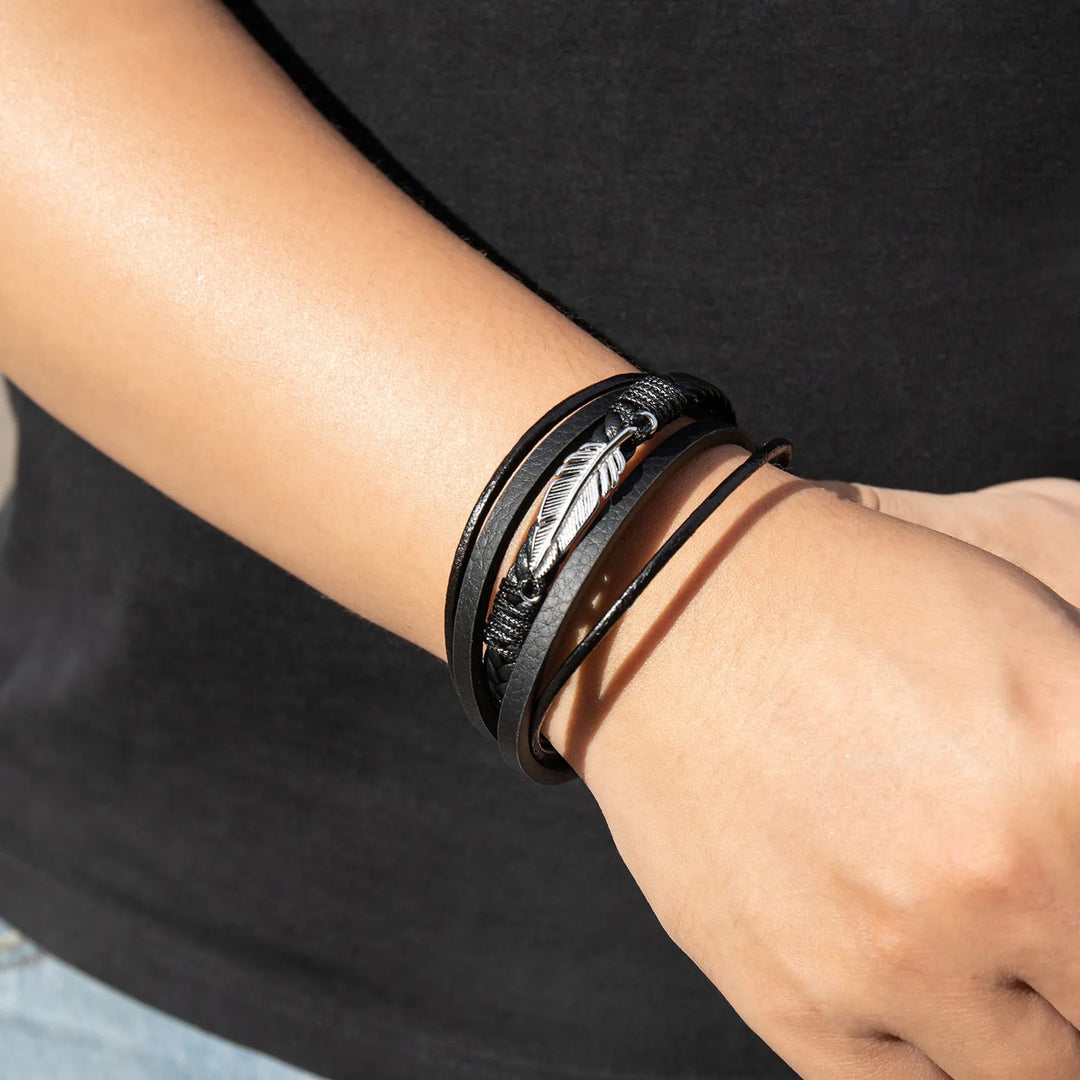 Leather Bracelet for Men | Vintage Multilayer Feather Design | Soria Jewelry